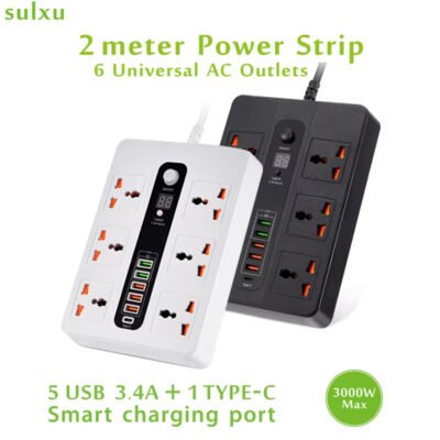 “مشترك ذكي 6 مخارج مع USB وشحن Type-C وتوقيت”